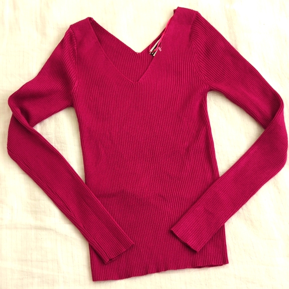 Mango Sweaters - NWT hot pink ribbed v neck sweater by Mango